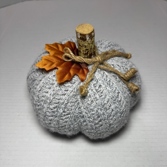 Gray Knit Sweater Pumpkin Fall Decor with Leaf, Rustic Farmhouse Style - Picture 1 of 5